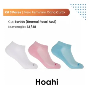 Meia Cano Curto 33-38 – Kit 3 pares – Atoalhado Branco/Azul/Rosa